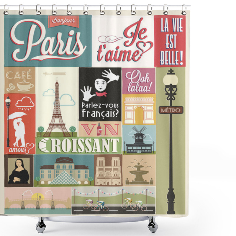 Personality  Retro Poster With Paris Symbols And Landmarks Shower Curtains