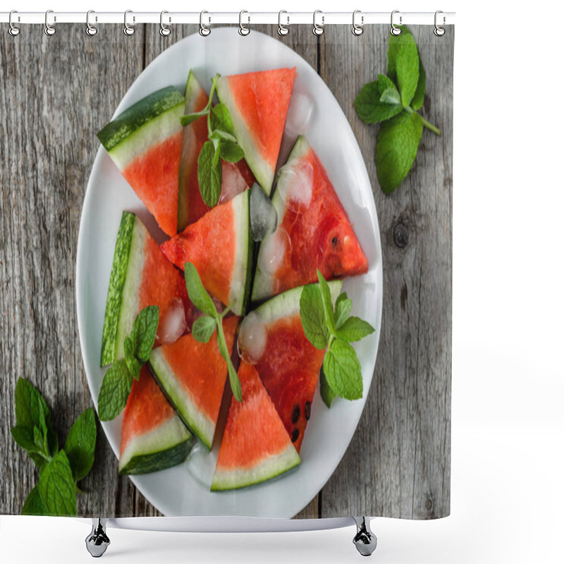 Personality  Healthy Watermelon Slices Popsicles On Wooden Background, Overhead Shower Curtains