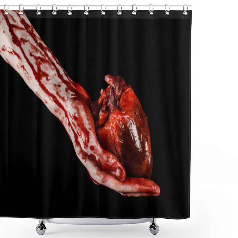 Personality  Blood And Halloween Theme: Terrible Bloody Hand Hold Torn Bleeding Human Heart Isolated On Black Background In Studio Shower Curtains