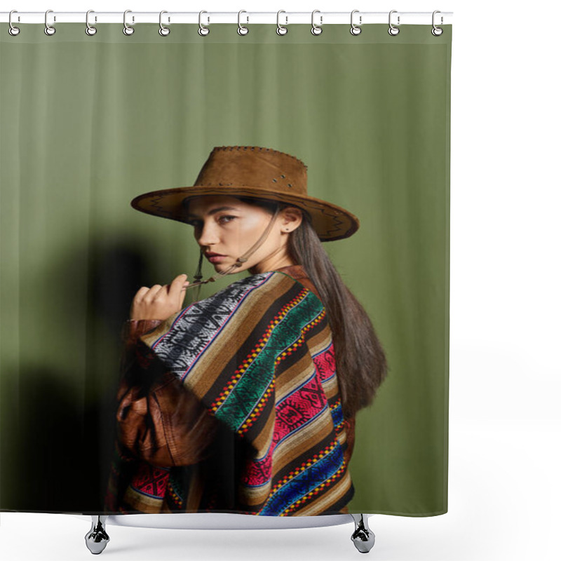 Personality  Young Woman Poses Gracefully, Showcasing Her Vibrant Poncho Against A Lush Green Background. Shower Curtains