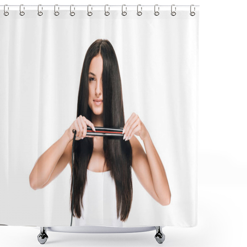 Personality  Brunette Beautiful Woman Straightening Long Shiny Hair With Flat Iron Isolated On White Shower Curtains