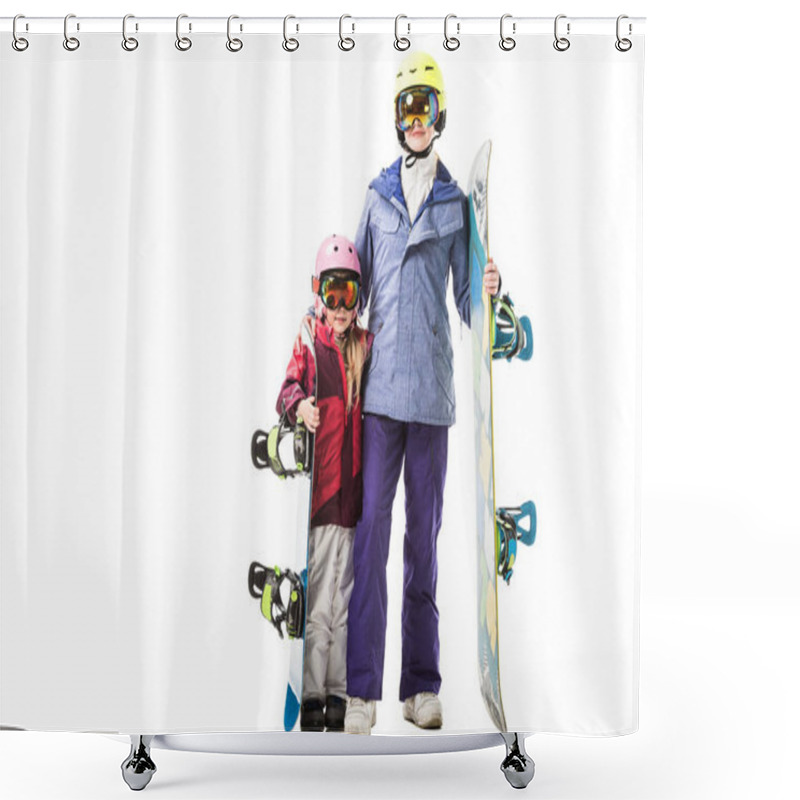 Personality  Adult Mother And Preschooler Daughter In Ski Clothes With Snowboards Smiling Isolated On White Shower Curtains