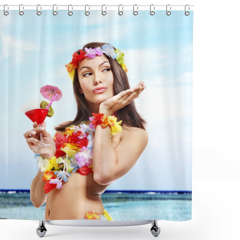 Personality  Woman In Hawaii Costume Drink Juice. Shower Curtains