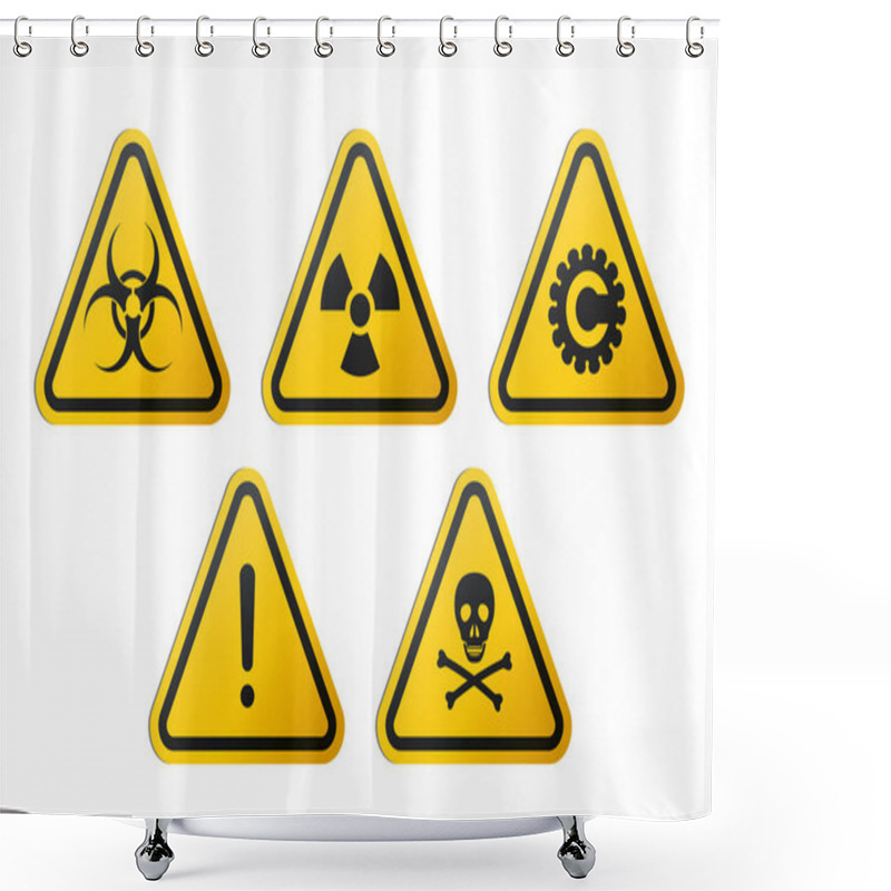 Personality  Triangular Signs Of A Hazard Warnings : Biohazard, Ionizing Radiation, Coronavirus, Poison And Generic Danger. Shower Curtains