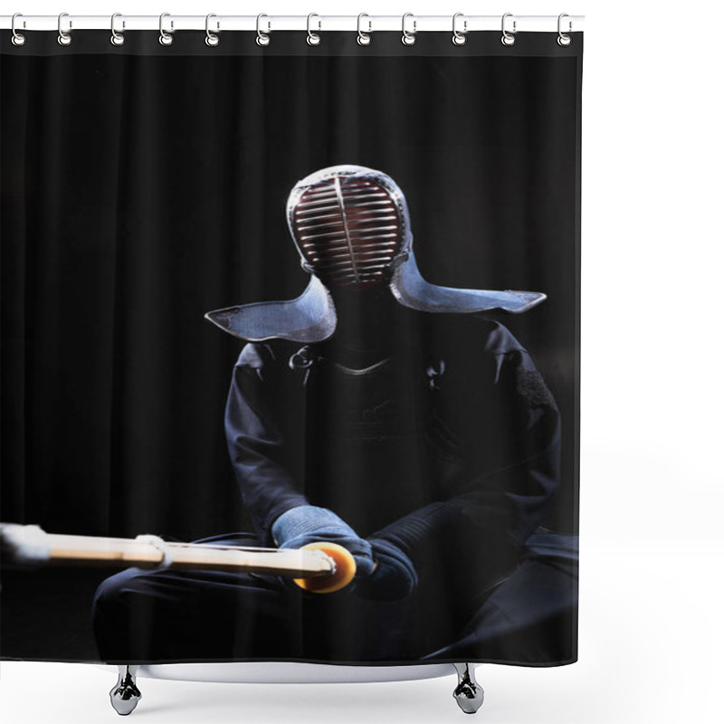 Personality  Kendo Fighter In Helmet Holding Bamboo Sword On Black Shower Curtains