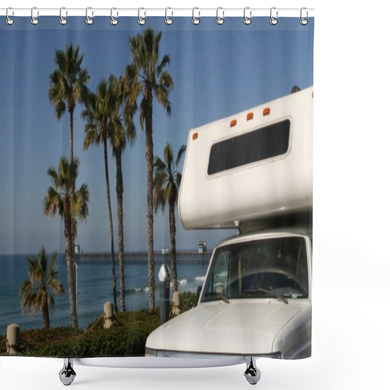 Personality  Motorhome Trailer Or Caravan For Road Trip. Ocean Beach, California USA. Camper Van, RV Motor Home. Shower Curtains