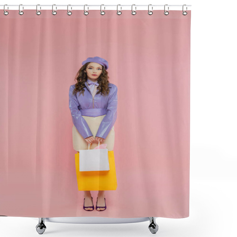 Personality  Consumerism, Fashion Photography, Attractive Young Woman In Beret Holding Shopping Bags On Pink Background, Posing Like A Doll, Standing And Looking At Camera, Trendy Outfit, Consumerism  Shower Curtains