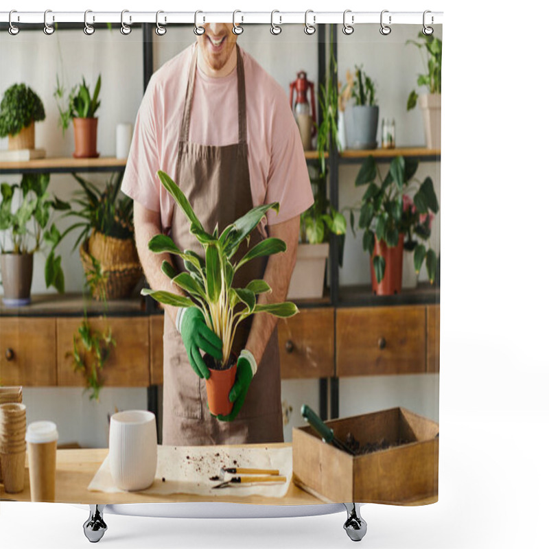 Personality  A Man Delicately Holds A Potted Plant On A Wooden Table In A Quaint Plant Shop, Showcasing His Love For Greenery. Shower Curtains