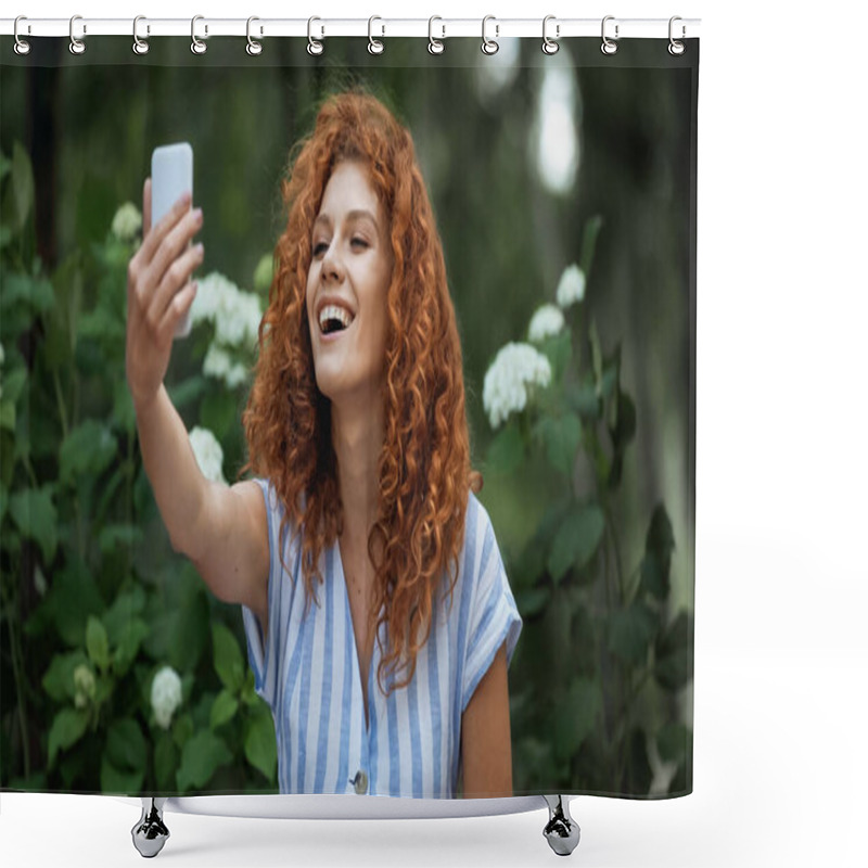 Personality  Glad Redhead Woman Taking Selfie In Green Park  Shower Curtains