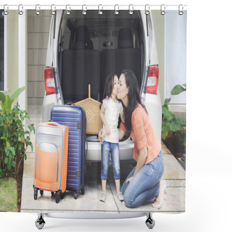 Personality  Girl Kissing Her Mother Near The Car Shower Curtains