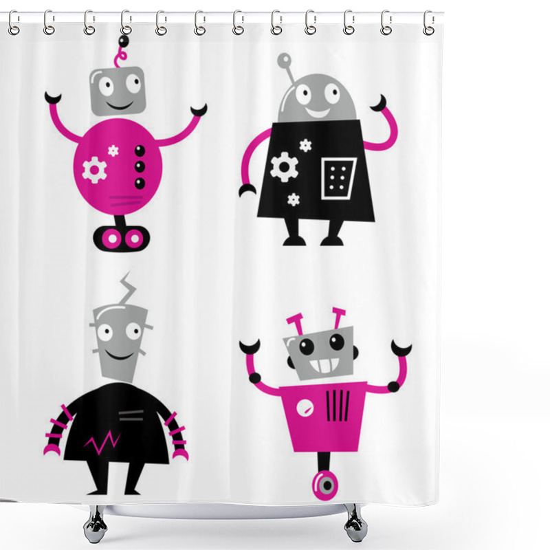 Personality  Cute Retro Robots Set Isolated On White ( Pink And Black ) Shower Curtains