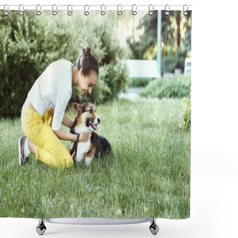 Personality  Welsh Corgi Pembroke Dog And Smiling Happy Woman Together In A Park Outdoors. Focus On The Corgi Dog. Shower Curtains