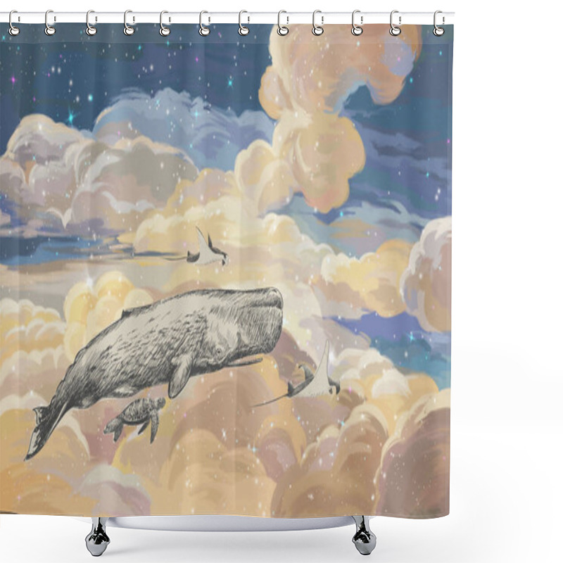 Personality  Bright Colourful Sky Wallpaper. Whale In The Sky.Starry Sky Illustration. Illustration Of Clouds On A Blue Background. Beautifully Painted Sky.Drawn Book Illustration, Card, Postcard, Wallpaper, Mural Shower Curtains