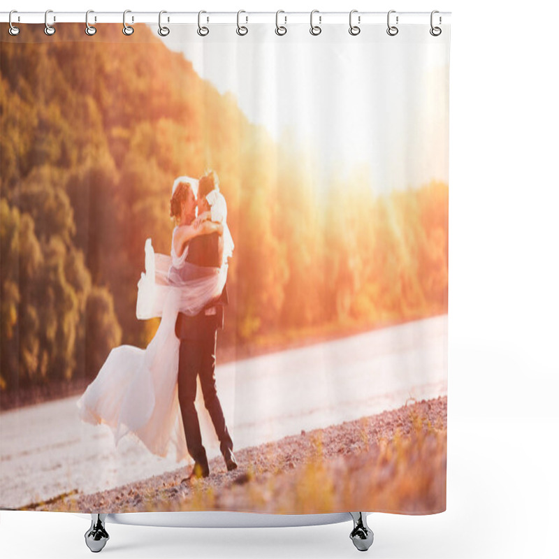 Personality  Just Married Couple Spinning On Beach Riverside Background Shower Curtains