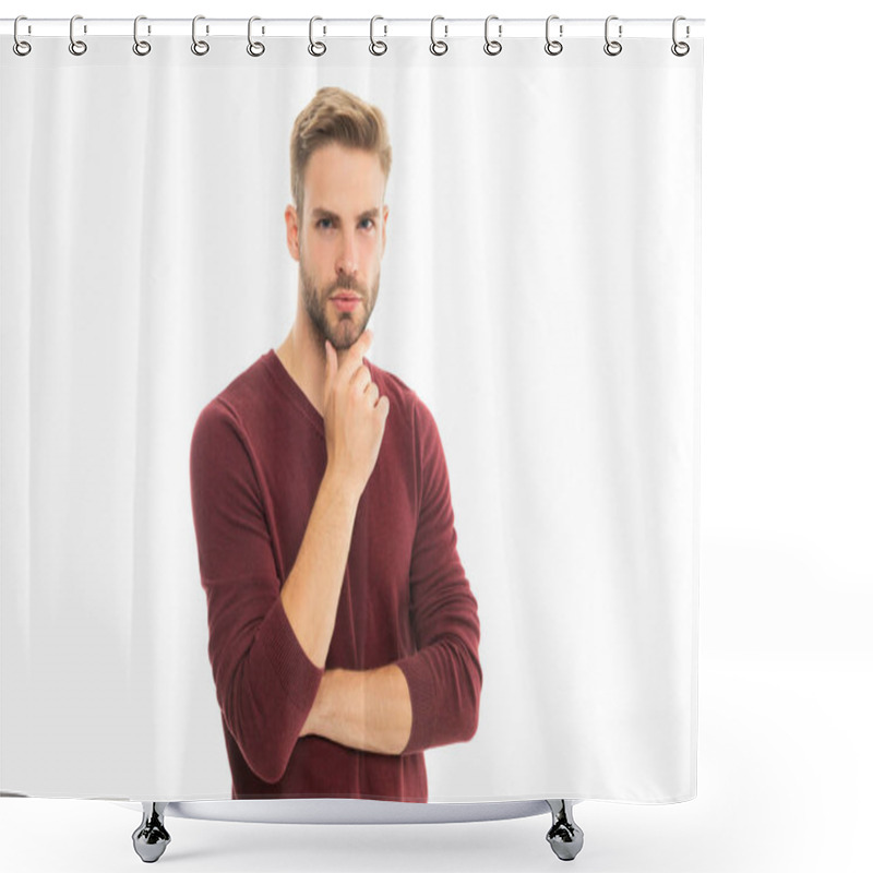 Personality  Stylish Caucasian Man On Background. Photo Of Caucasian Man With Stubble. Caucasian Man Isolated On White. Caucasian Man In Studio. Shower Curtains