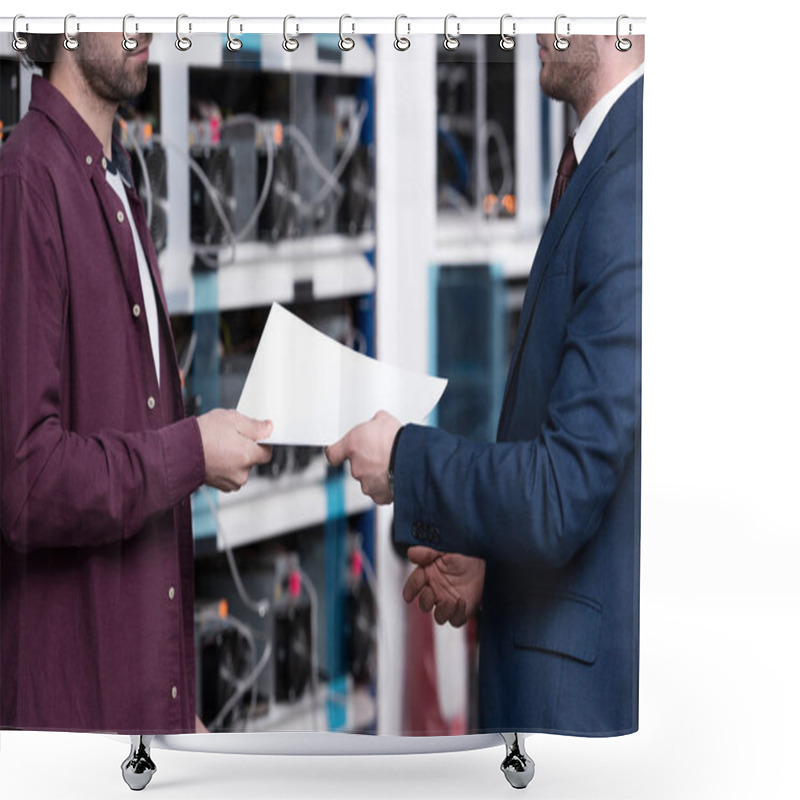 Personality  Cropped Shot Of Businessman And Computer Engineer Passing Documents At Cryptocurrency Mining Farm Shower Curtains