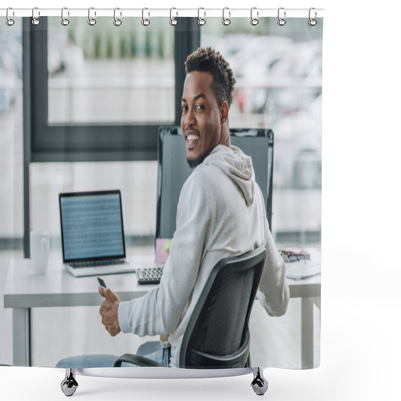 Personality  Happy African American Programmer Smiling At Camera While Sitting At Workplace In Office Shower Curtains