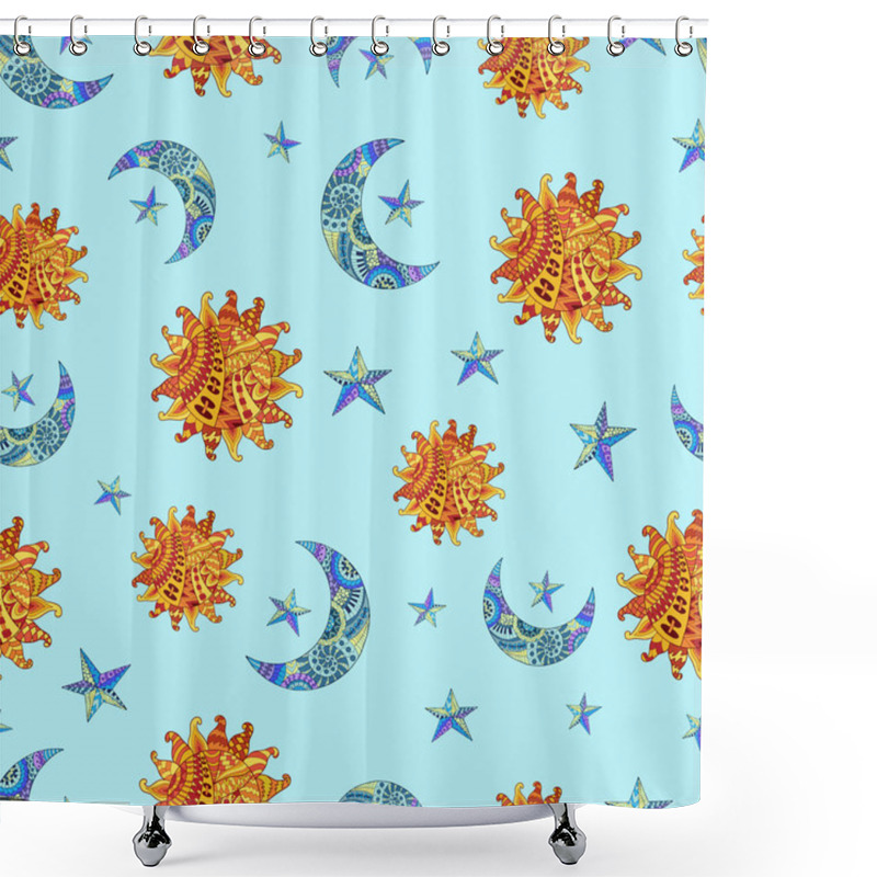 Personality  Seamless Pattern With Hand Drawn Sun, New Moon And Star. Illustration In Zentangle Style. Shower Curtains