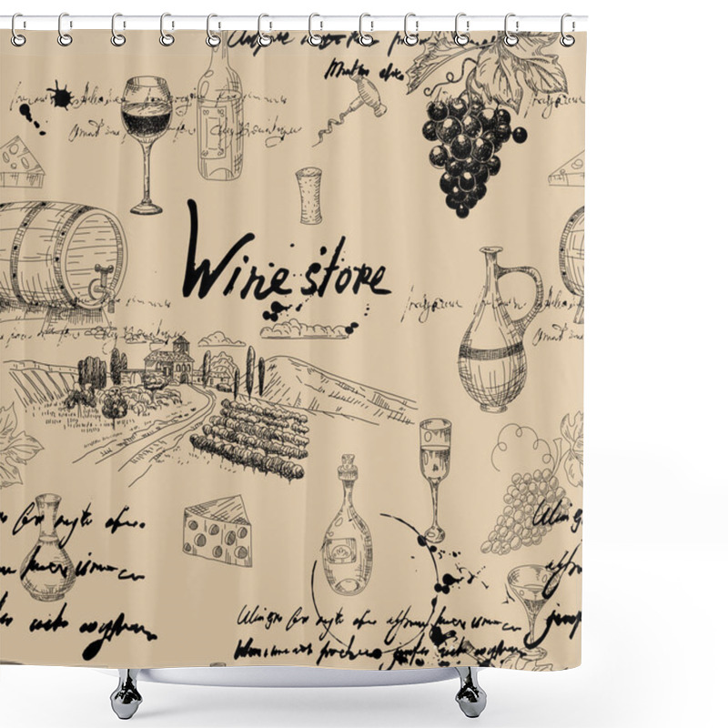 Personality  Seamless Pattern Wine Grape Branche, Bottles, Glasses, Vineyard, Unreadable Text, Wooden Barrel, Chees, Corkscrew. Doodle Sketch Hand Drawing. Vector Illustartion Isolated Retro Shower Curtains