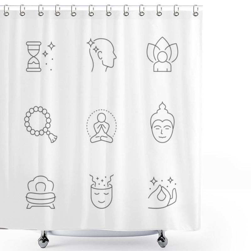 Personality  Set Line Icons Of Meditation Isolated On White. Chair, Time, Rosary Or Mala Beads, Buddha, Hand Pose, Yoga, Asana, Enlightenment, Wellness, Relaxation, Lotus Pose, Zen. Vector Illustration Shower Curtains