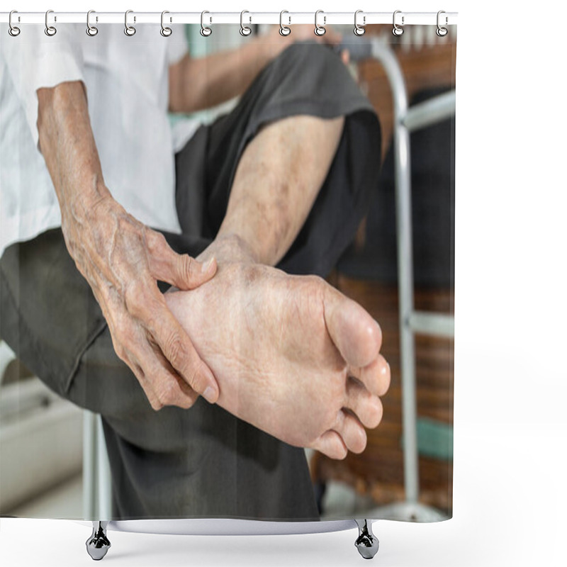 Personality  Elderly Woman Massage Her Foot,Plantar Fasciitis,pain In Soles Of Foot And Heel Bone,Tarsal Tunnel Syndrome,compression Of A Nerve In Foot Or Achilles Tendonitis,inflammation Of Tendon At Back Of Heel Shower Curtains