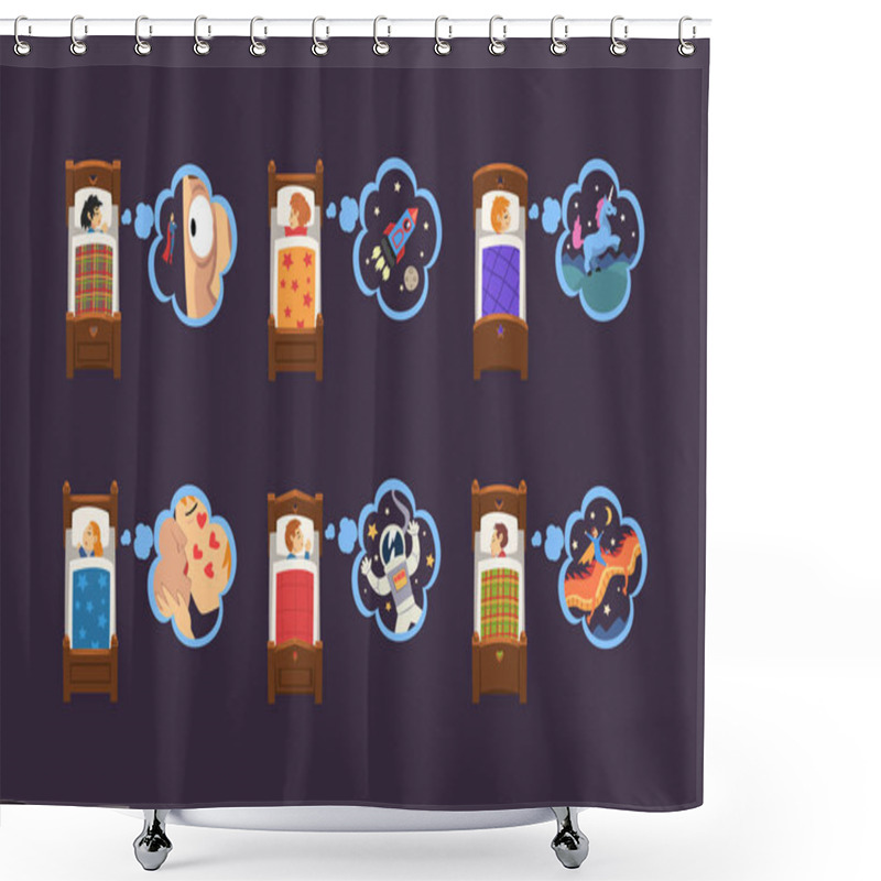 Personality  Children Sleeping In Beds With Dreams In Bubbles Over Their Heads Set. Little Boys And Girls Sleeping Under Blankets In Bedroom Cartoon Vector Illustration Shower Curtains