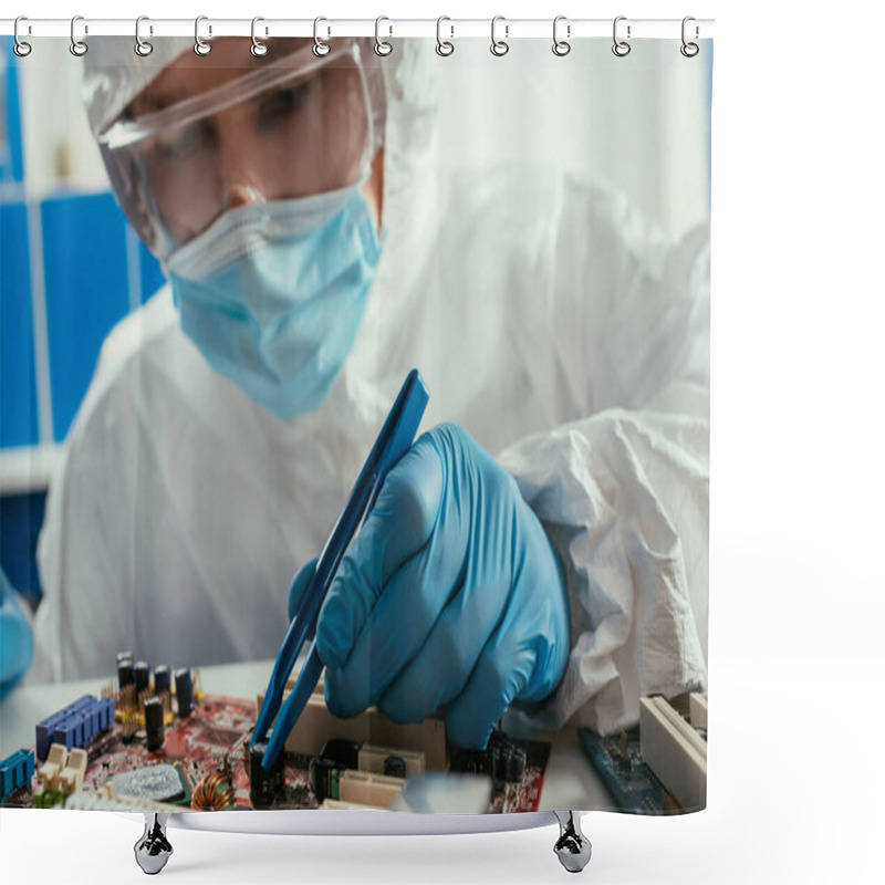 Personality  Engineer In Medical Mask And Goggles Fixing Computer Motherboard With Tweezers Shower Curtains