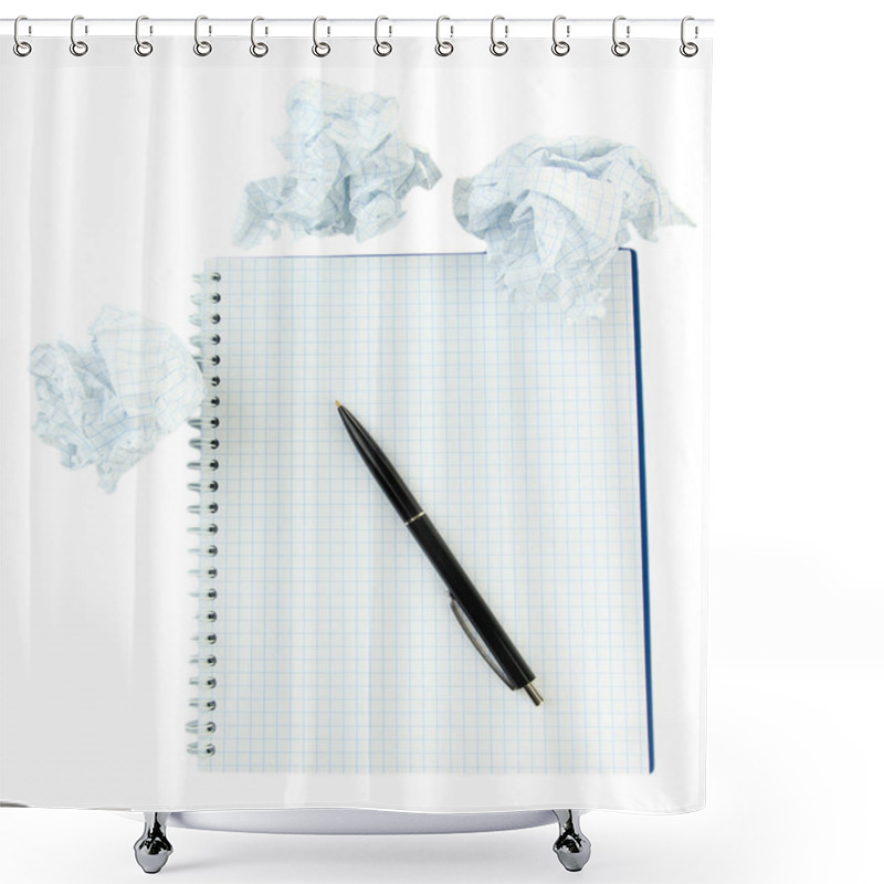 Personality  Crumpled Paper Balls With Notebook And Pen Isolated On White Shower Curtains