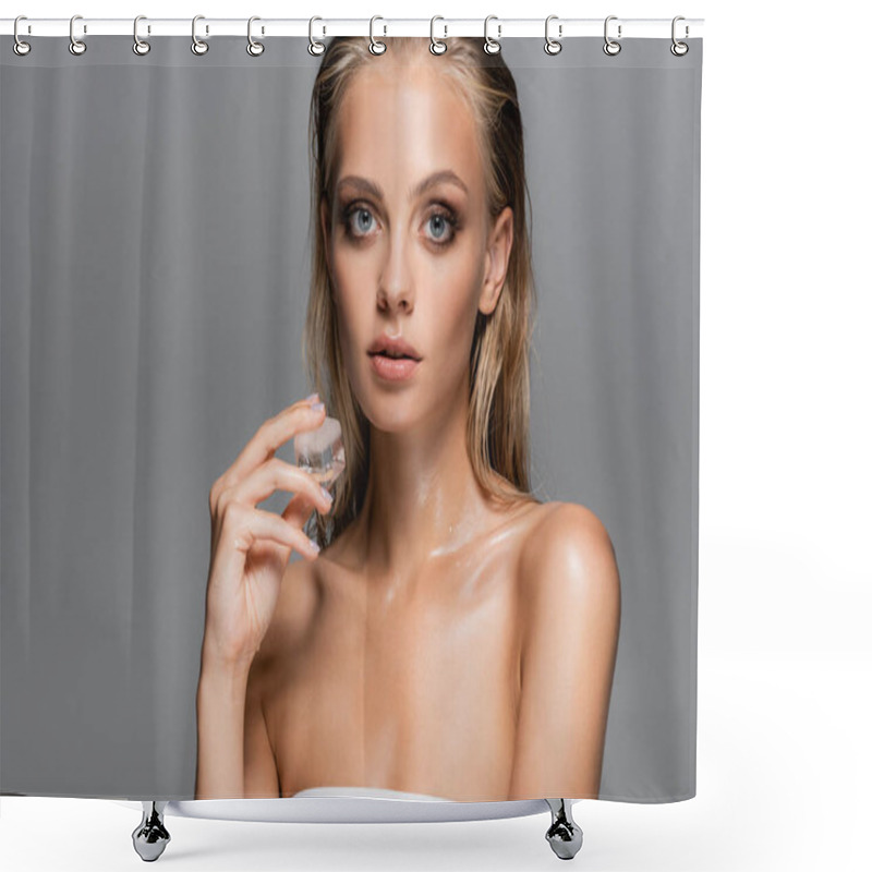 Personality  Blonde Woman With Wet Skin Holding Ice Cube While Looking At Camera Isolated On Grey Shower Curtains