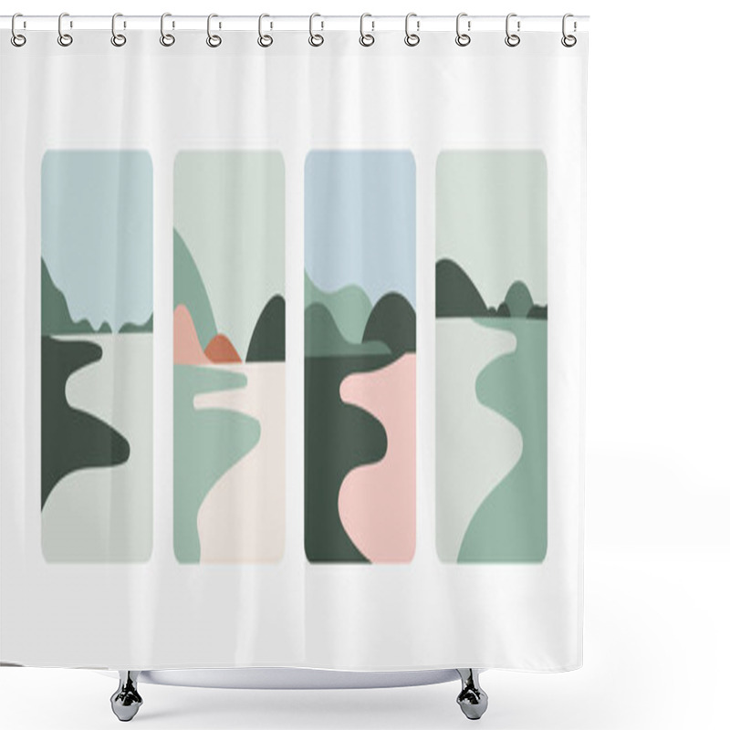 Personality  Vector Illustration. Abstract Forms Depicting Water Bodies And Horizon Lines, With An Emphasis On Pastel Shades Of Blue, Brown And Green. Shower Curtains