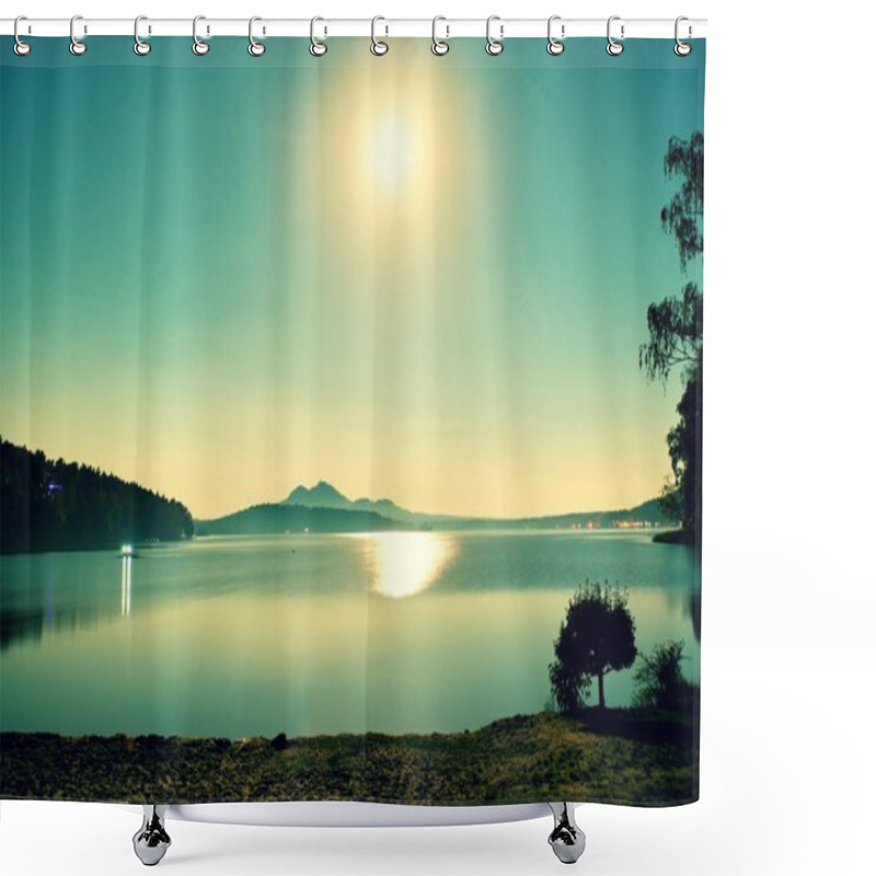 Personality  Romantic Full Moon Night At Lake, Calm Water Level With Moon Rays. Burh On The Hill. Shower Curtains