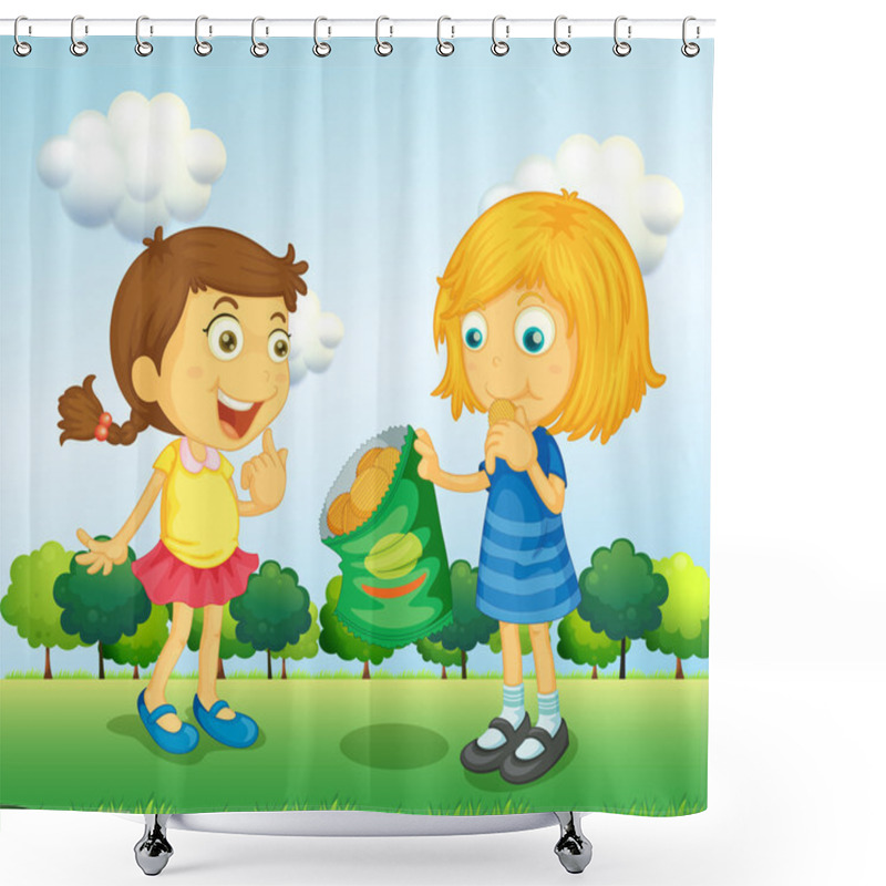 Personality  Two Girls Talking With Junkfoods Shower Curtains