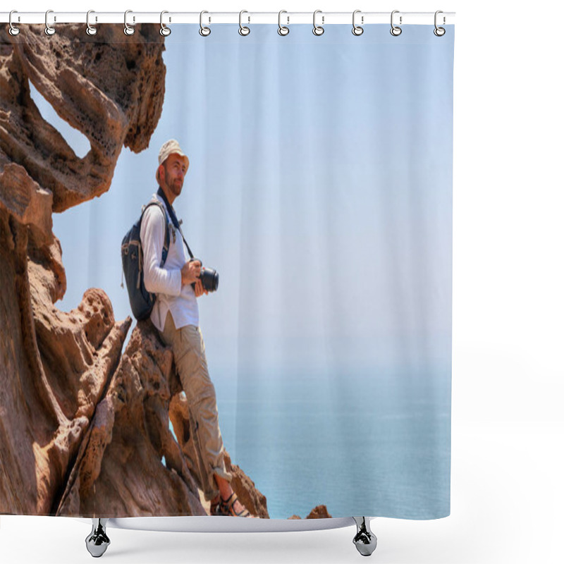 Personality  Photographer Of Nature Resting On A Rock While Traveling, Iran. Shower Curtains