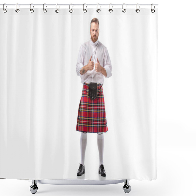 Personality  Scottish Redhead Bearded Man In Red Tartan Kilt Showing Thumbs Up On White Background Shower Curtains