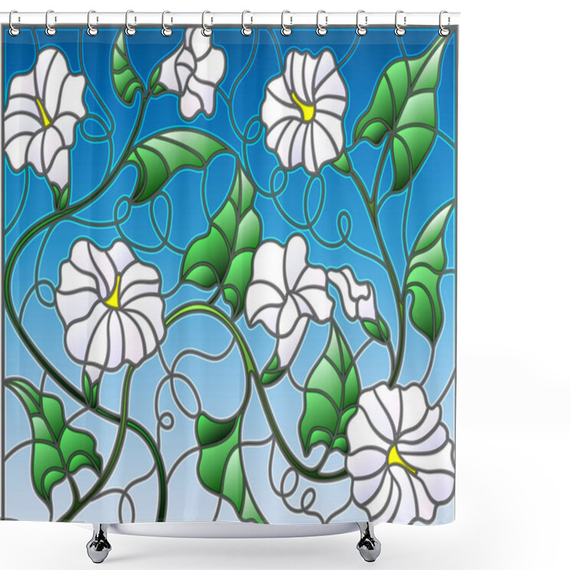 Personality  Illustration In Stained Glass Style Flowers Loach, White Flowers And Leaves On Blue Background Shower Curtains