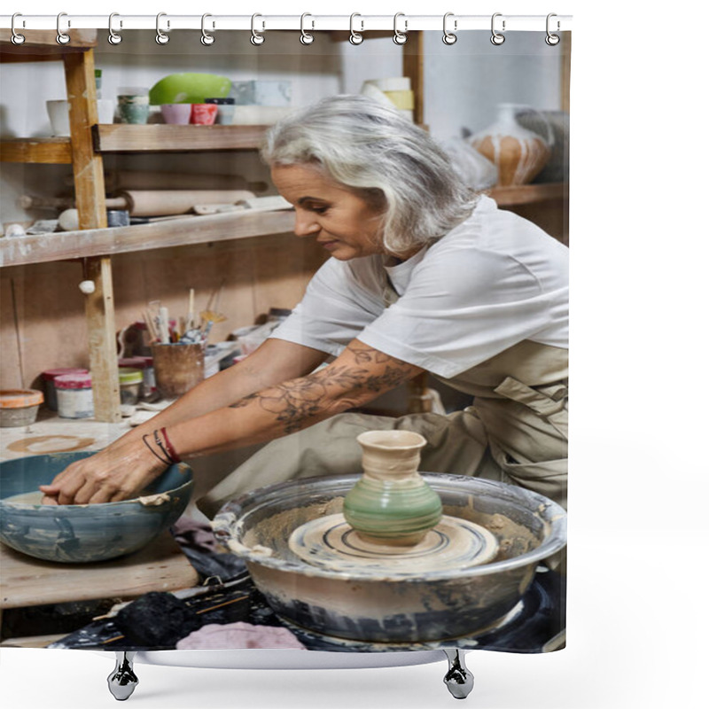 Personality  A Skilled Woman Shapes Clay On A Potters Wheel, Surrounded By Tools And Artistic Creations. Shower Curtains