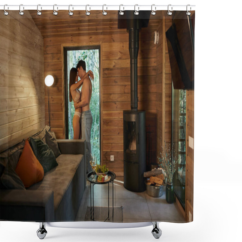 Personality  Side View Of Sensual Couple Hugging Near Wine And Fruits In Wooden Vacation House In Evening Shower Curtains