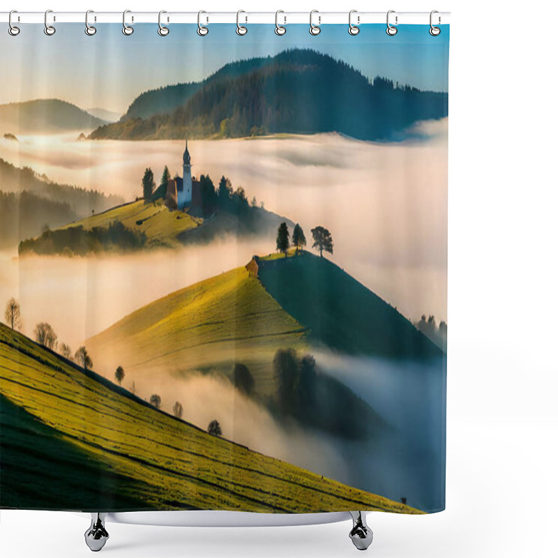 Personality  Beautiful Landscape With A Foggy Valley In The Mountains Shower Curtains