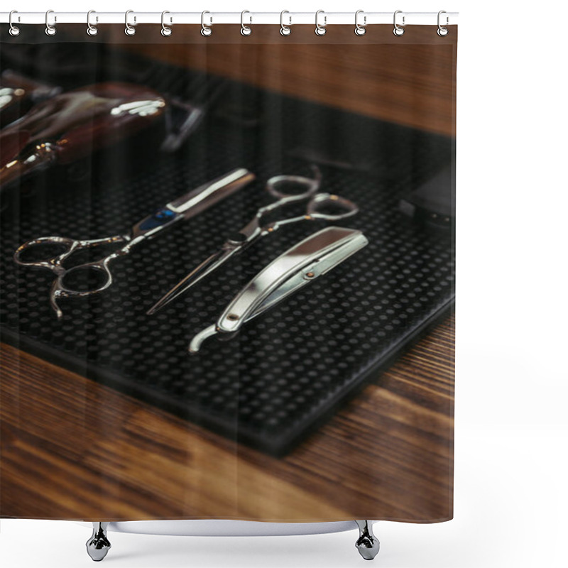 Personality  Close-up View Of Professional Scissors And Straight Razor On Wooden Shelf In Barbershop Shower Curtains