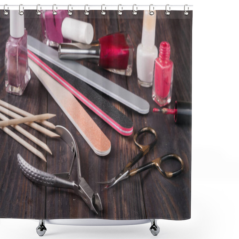 Personality  Scissors, Nail Files And Clippers Manicure With  Polish Bottles On A Dark Wooden Background Shower Curtains