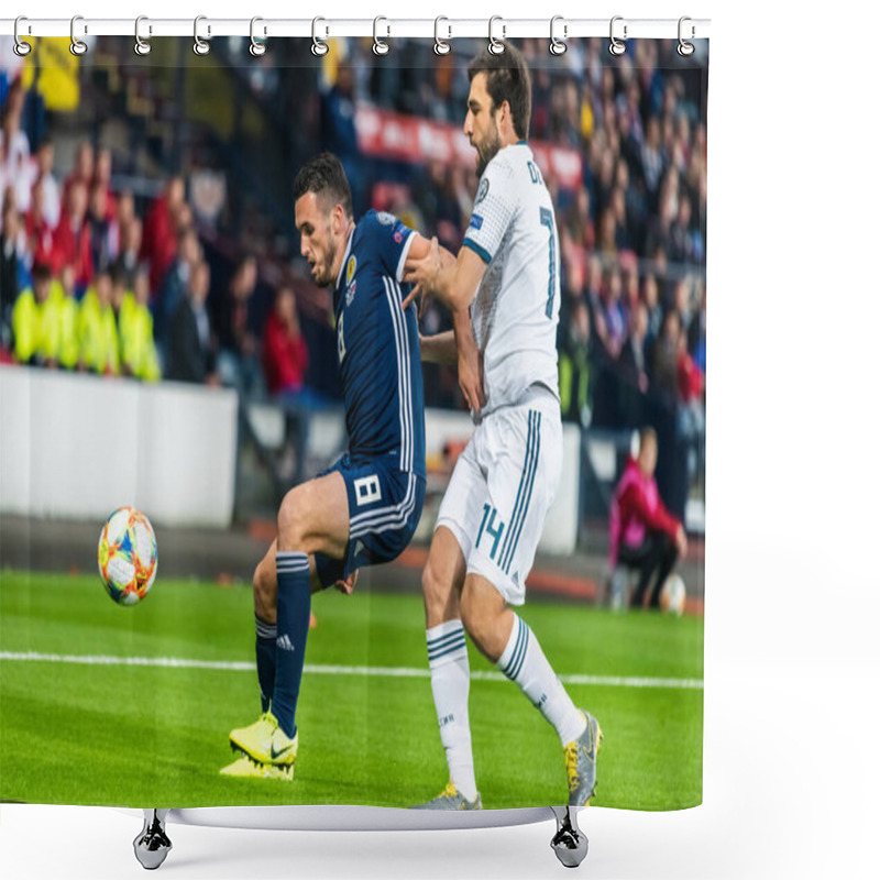 Personality  Glasgow, Scotland, United Kingdom - September 6, 2019. Scotland National Football Team Midfielder John McGinn Against Russia Defender Georgi Dzhikiya During UEFA Euro 2020 Qualification Match Scotland Vs Russia In Glasgow. Shower Curtains