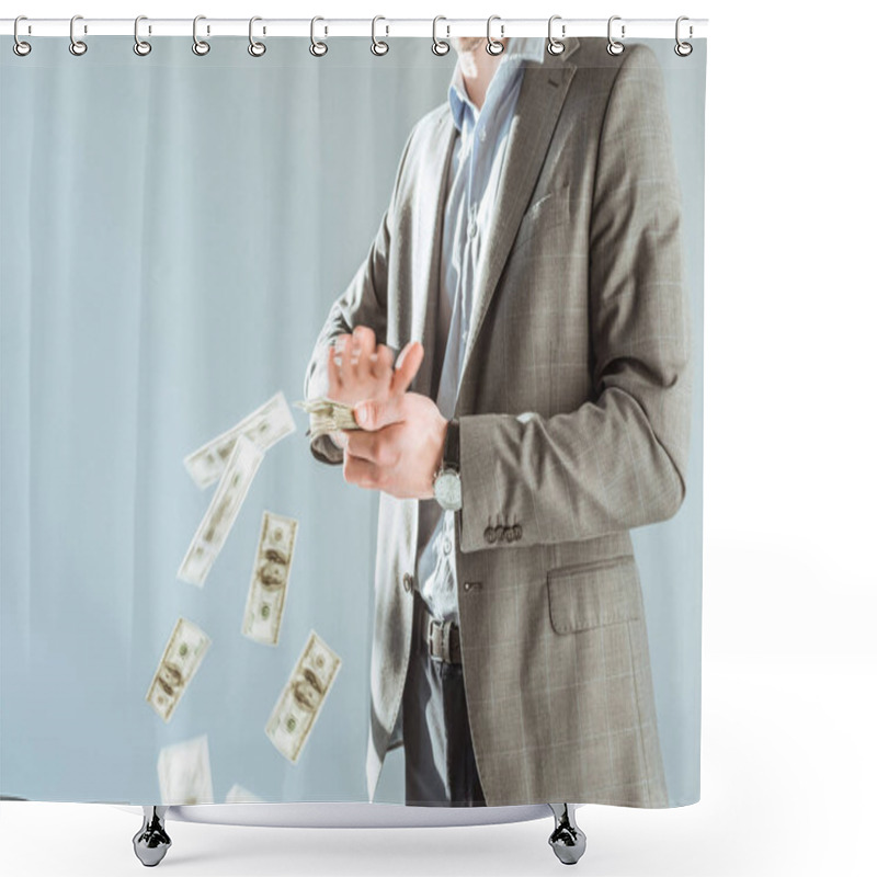 Personality  Close-up View Businessman Throwing Money Isolated On Grey Shower Curtains