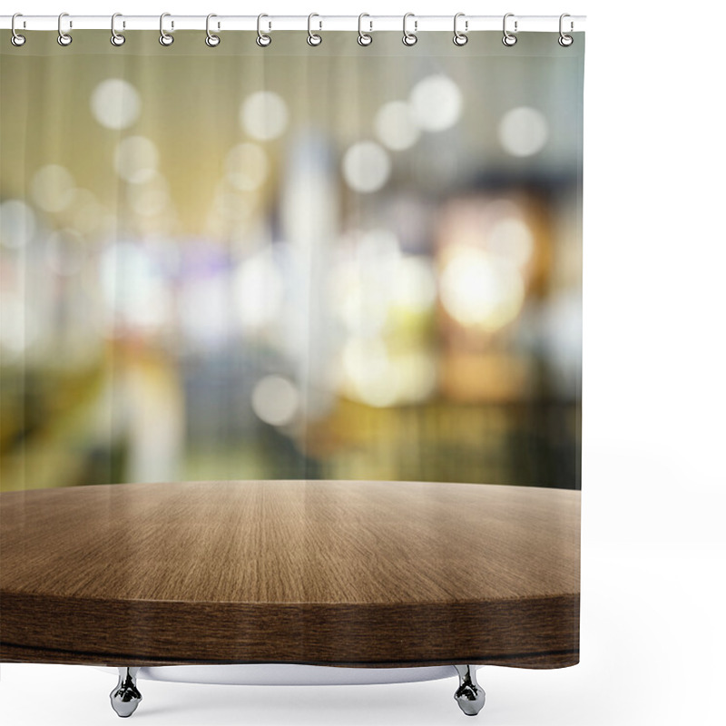 Personality  Empty Wooden Round Table And Blurred Background For Product Pres Shower Curtains