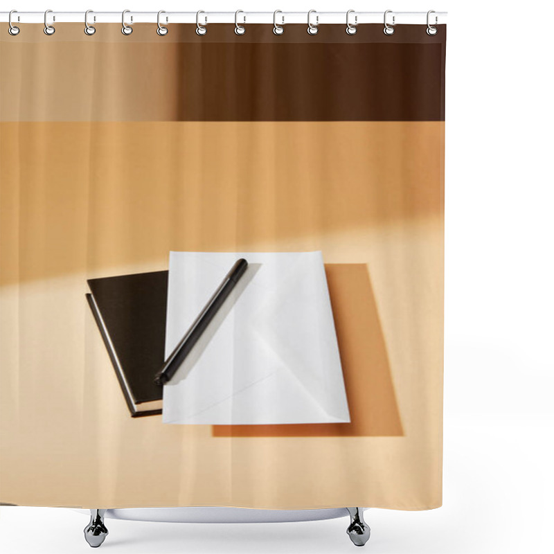 Personality  Envelope, Pen And Black Notebook On Beige Surface Shower Curtains