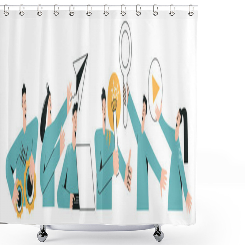 Personality  Set Of Remote Team Characters Modern Flat Vector Illustration. Global Cyberspace, Distributed Teamwork, Collaboration, Network, Global Outsourcing Shower Curtains