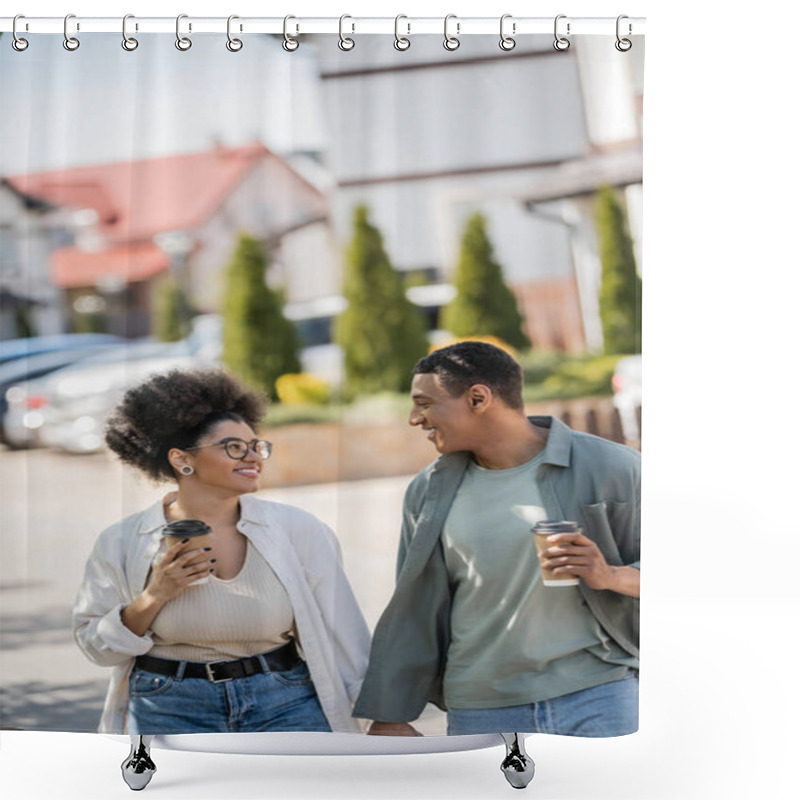 Personality  Smiling African American Couple With Takeaway Coffee Holding Hands On Urban Street Shower Curtains