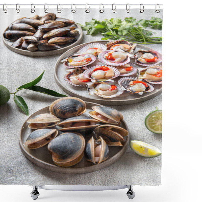 Personality  Seafood Shellfish Clams, Mussels And Scallops On Gray Plates Shower Curtains