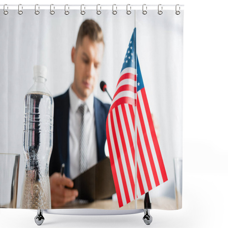 Personality  Bottle Of Water And Small American Flag On Table With Blurred Politician On Background Shower Curtains