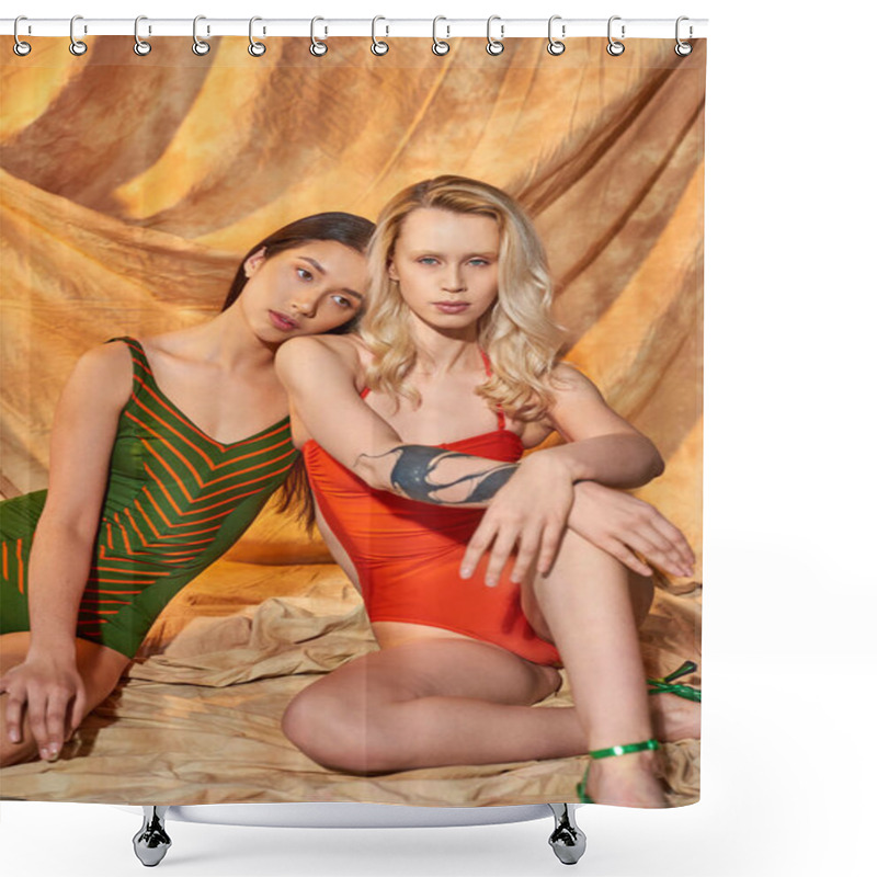 Personality  Diversity And Fashion, Multicultural Models In Swimwear Sitting On Beige Backdrop With Drapery, Pose Shower Curtains