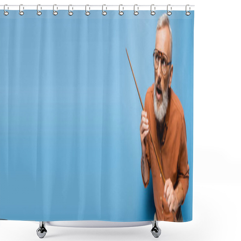 Personality  Middle Aged Teacher In Glasses Holding Pointer Stick And Looking Away On Blue, Banner Shower Curtains